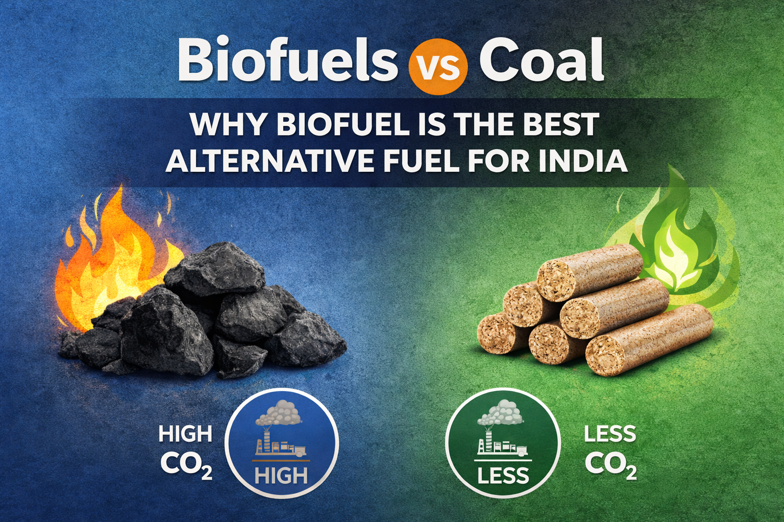 comparison between coal and biofuel as industrial fuel based on emissions, sustainability and efficiency.