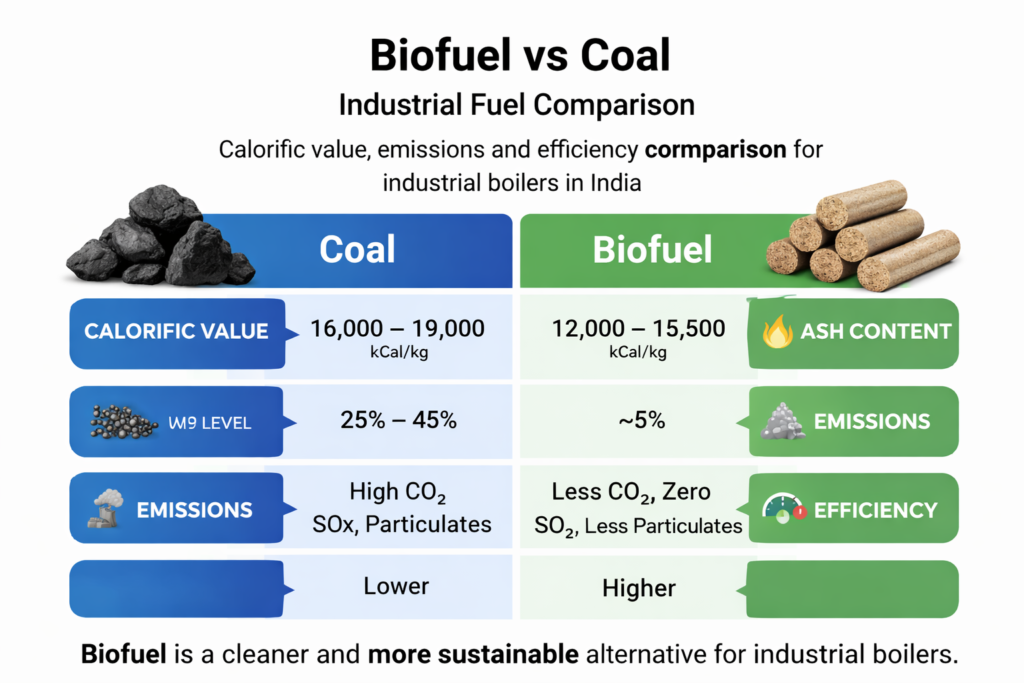 infographic explaining the technical comparison between coal and biofuel including calorific value, ash content, emissions and efficiency for industrial boiler applications.
