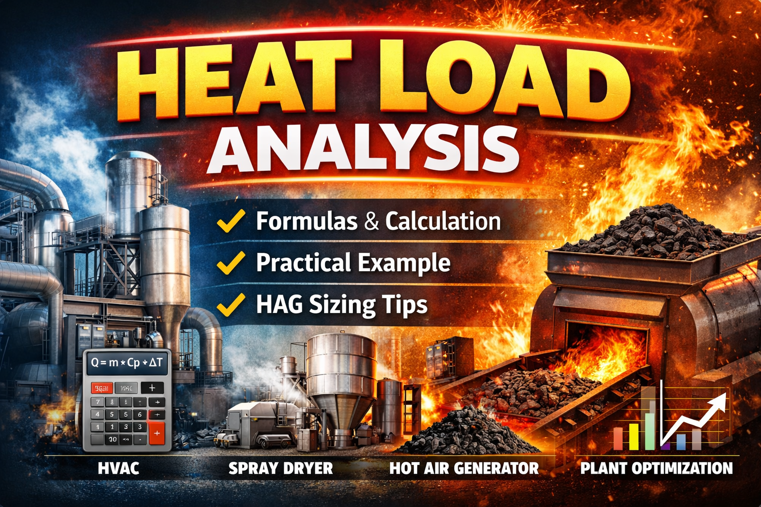 heat load calculation guide with formulas, spray dryer example, and hot air generator sizing for thermal engineering systems
