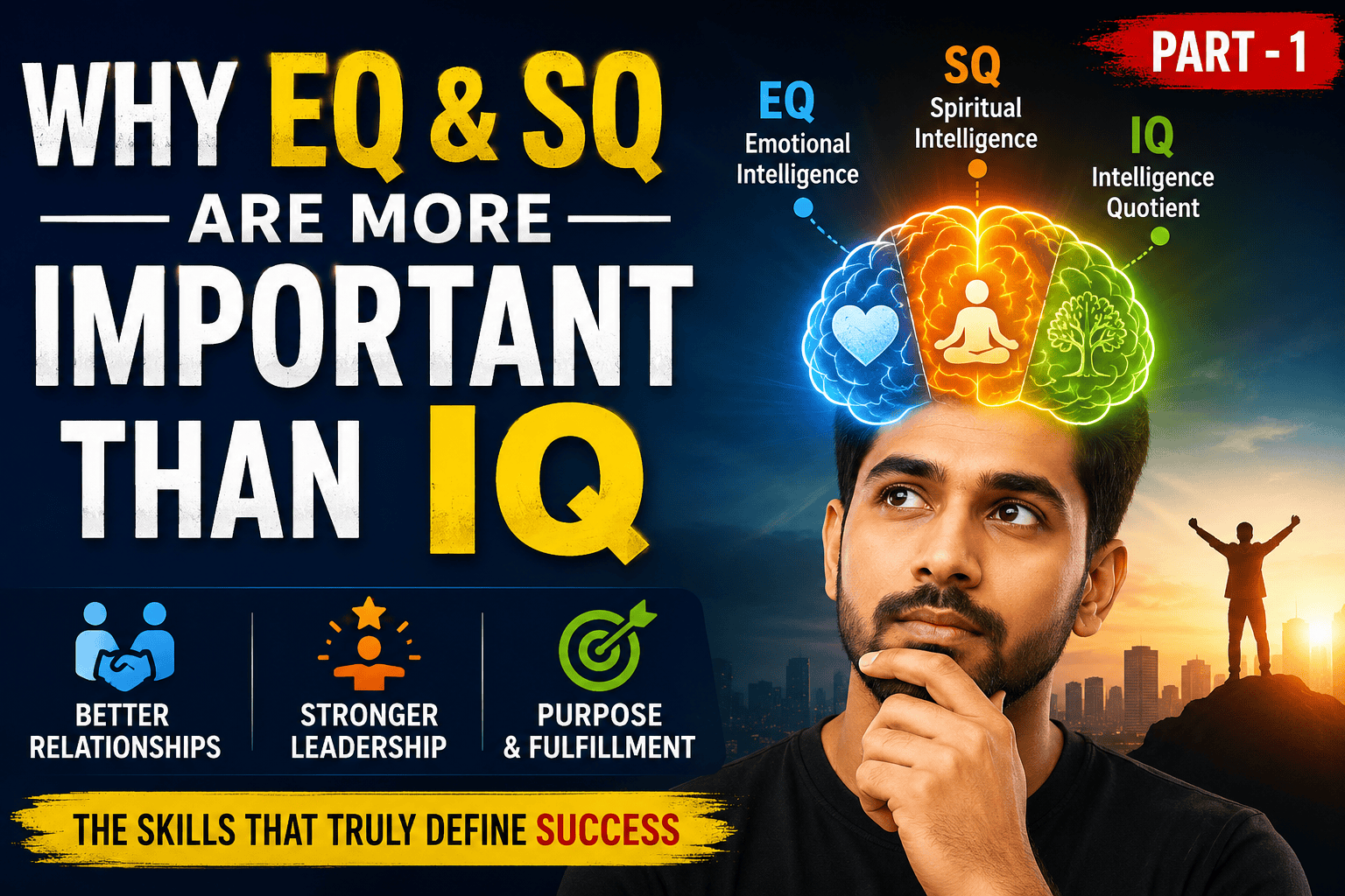 Professional thinking about Emotional Intelligence (EQ), Spiritual Intelligence (SQ), and Intelligence Quotient (IQ), illustrating why EQ and SQ are more important for success in the AI era.